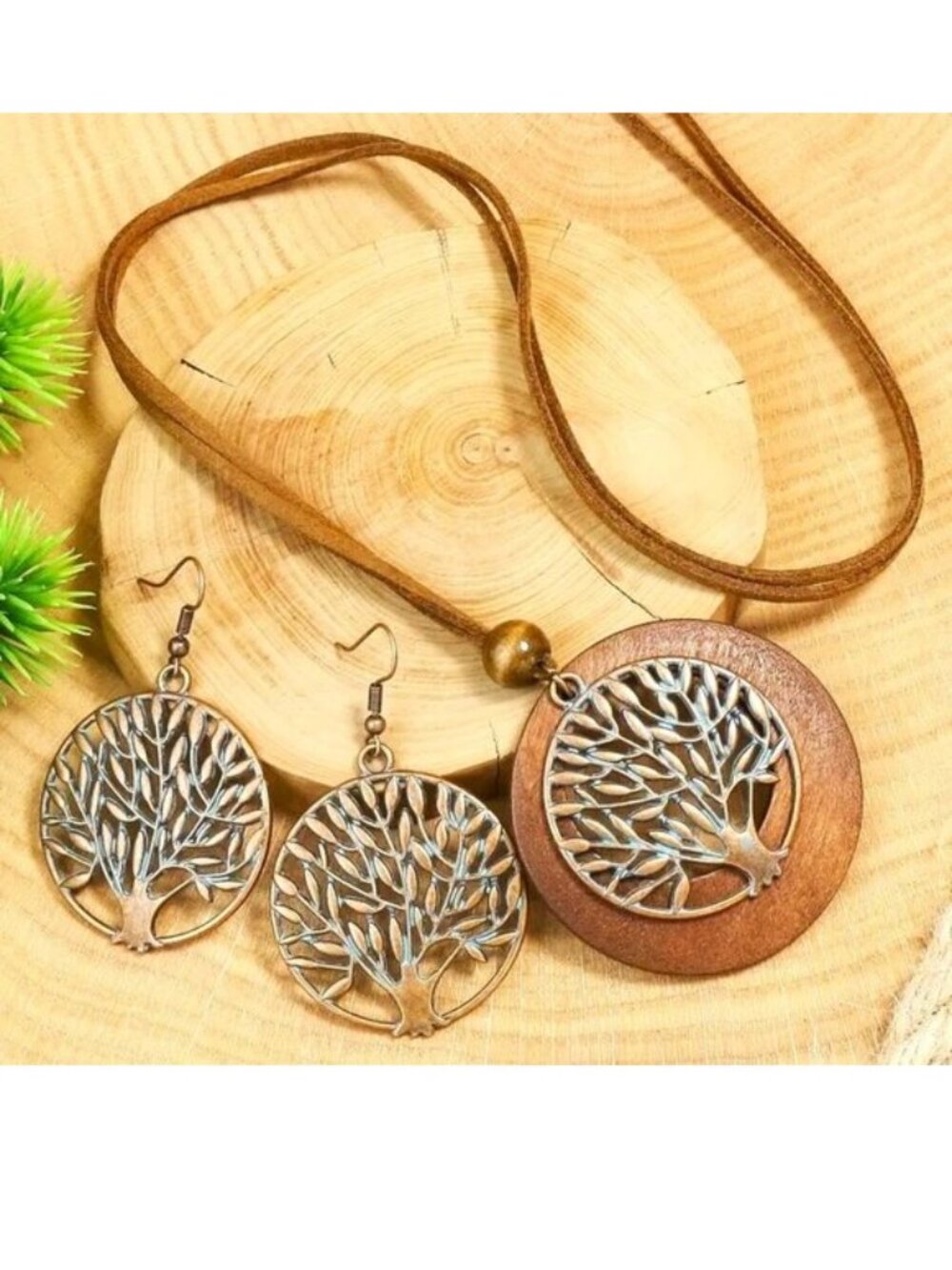 Necklace & Earrings 3pc Set Tree of Life Leather Dangle Boho Bronzed Stylish Fun